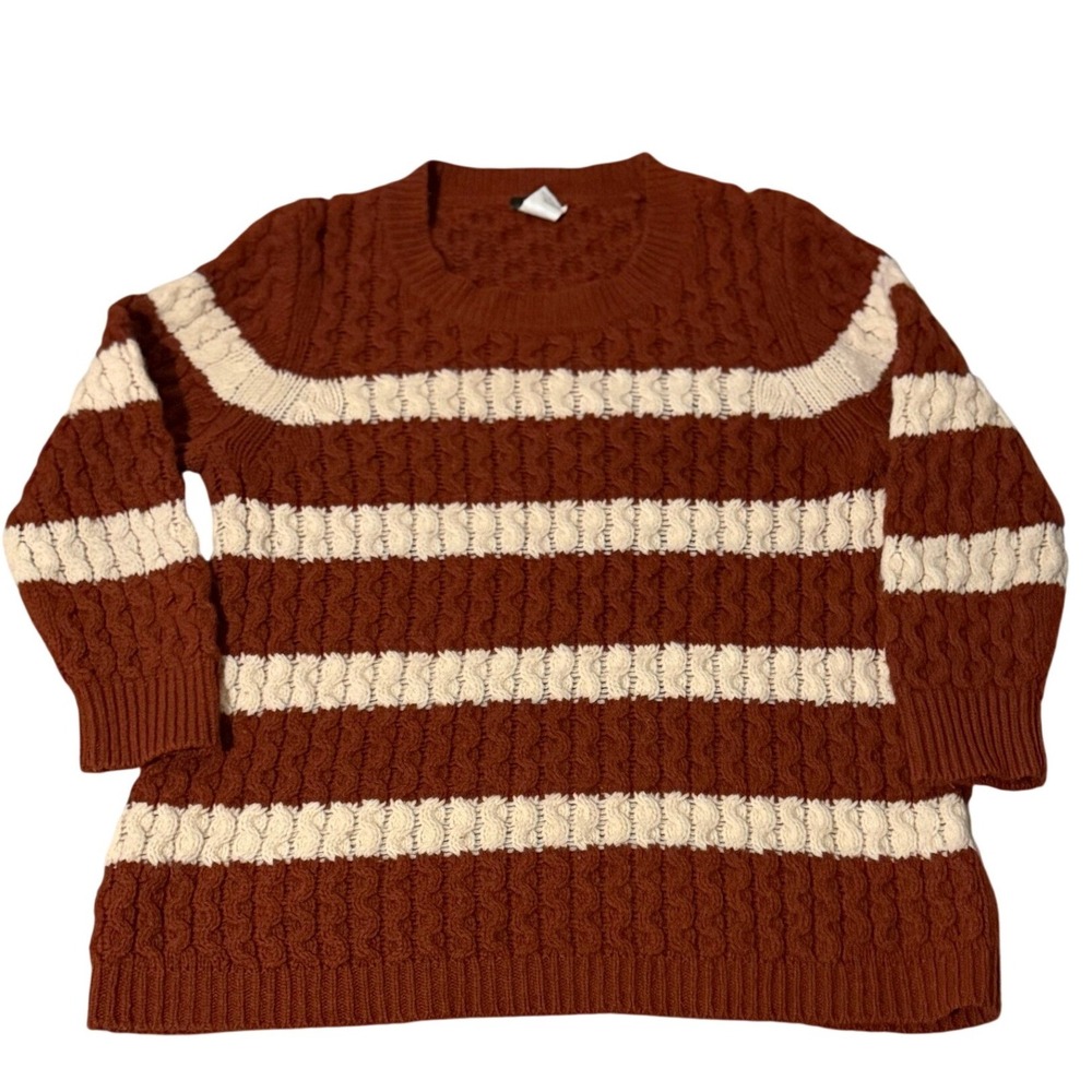 J.Crew Womens M 100% Merino Wool Cable Knit Striped Sweater Rust Brown Cream